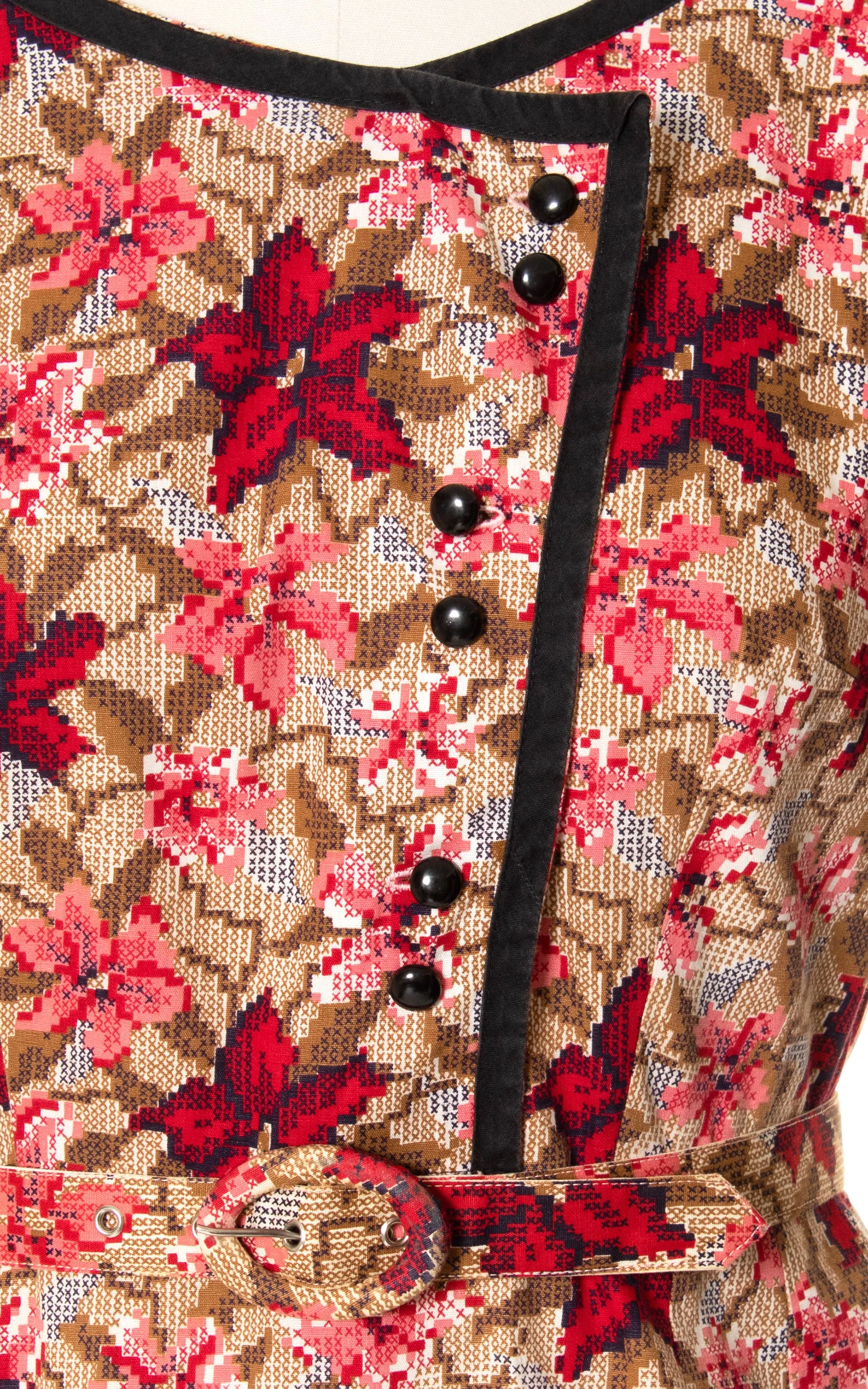 1950s Floral Cross Stitch Cotton Shirtwaist Dress | medium