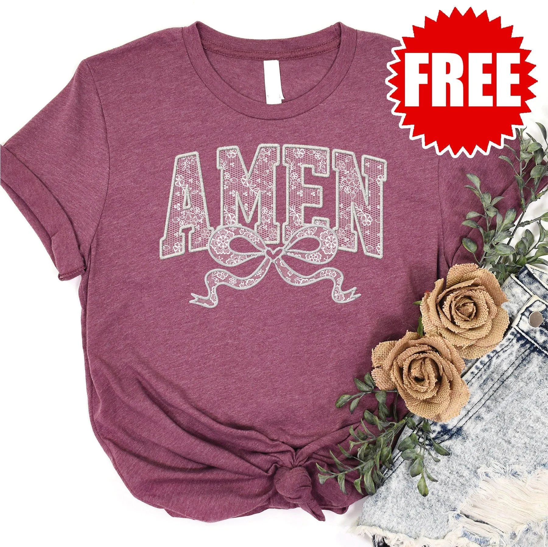 Amen Bow Tee - Heather Burgundy