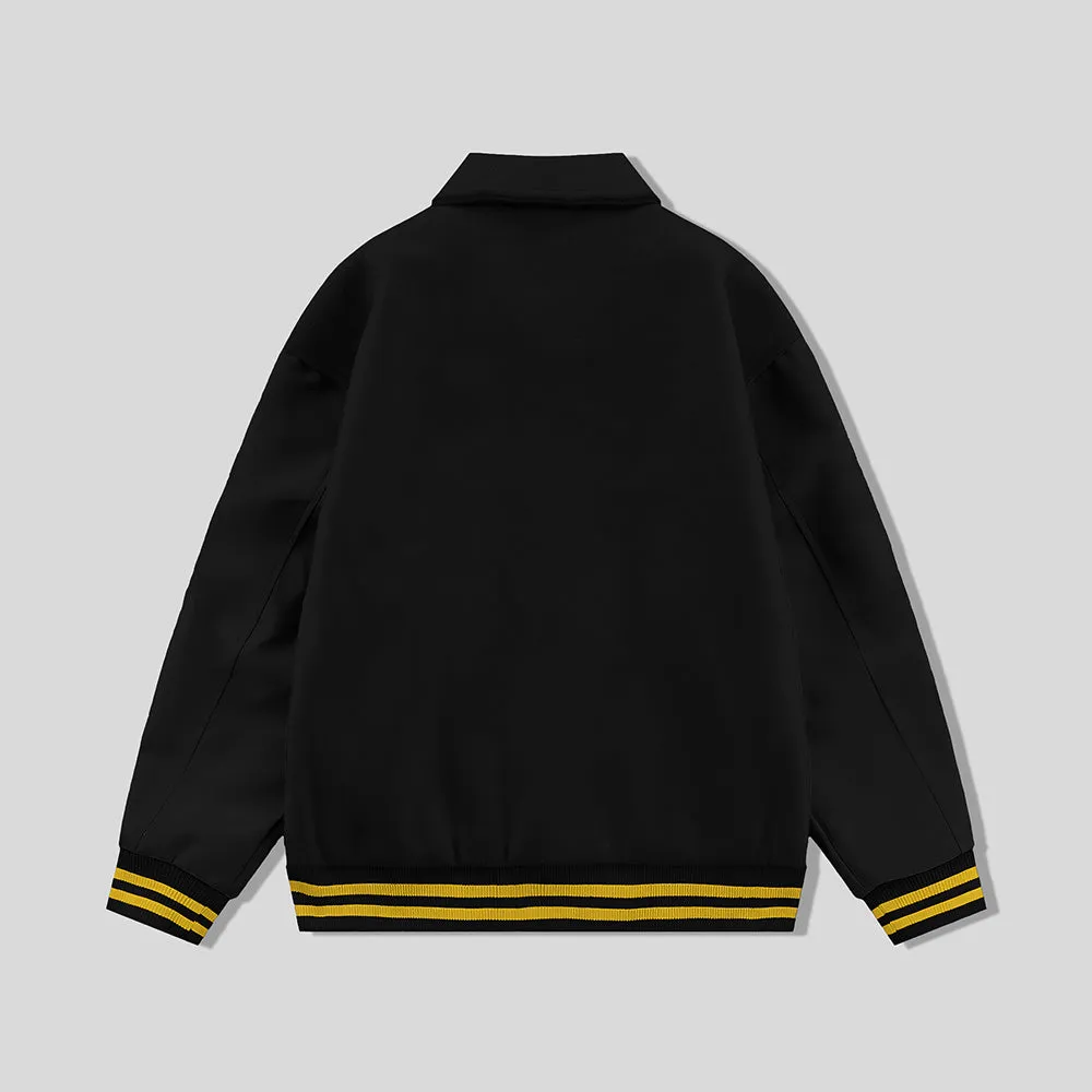 Black Byron Collar Wool & Leather Varsity Jacket With Gold Stripes - Jack N Hoods