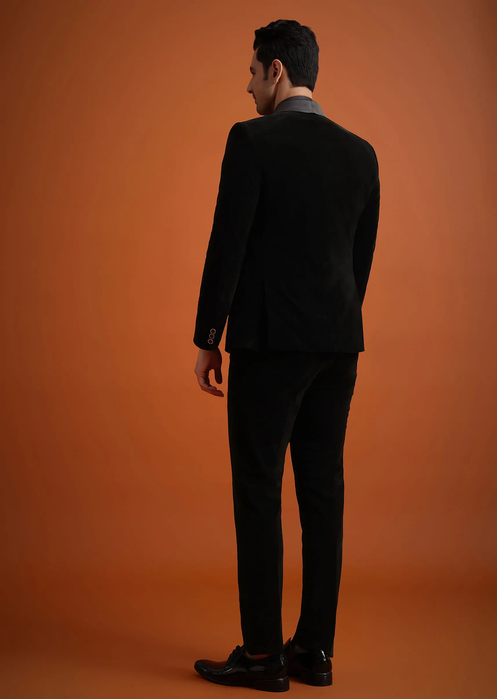 Black Velvet Tuxedo Set With Waistcoat And Bow