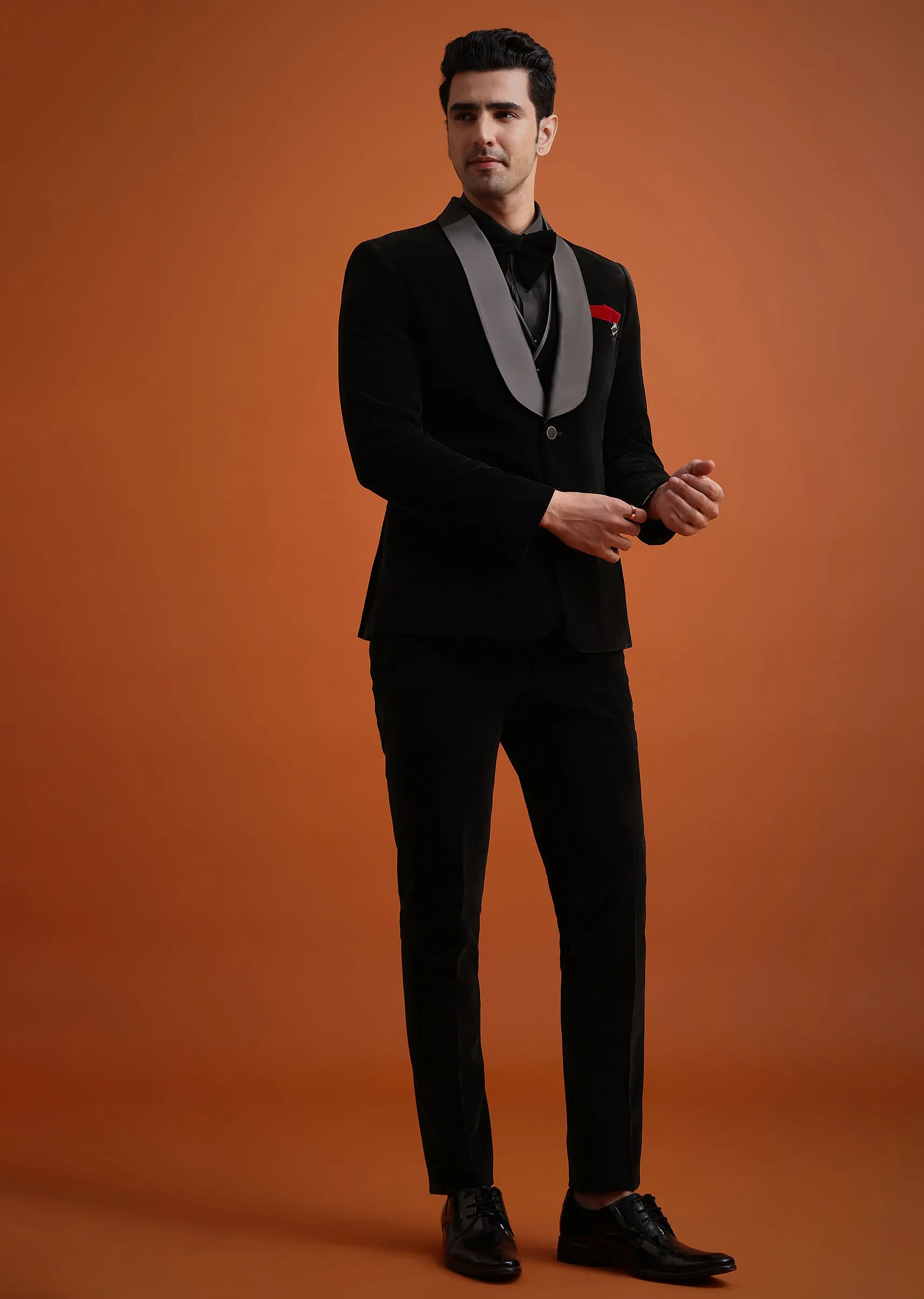Black Velvet Tuxedo Set With Waistcoat And Bow
