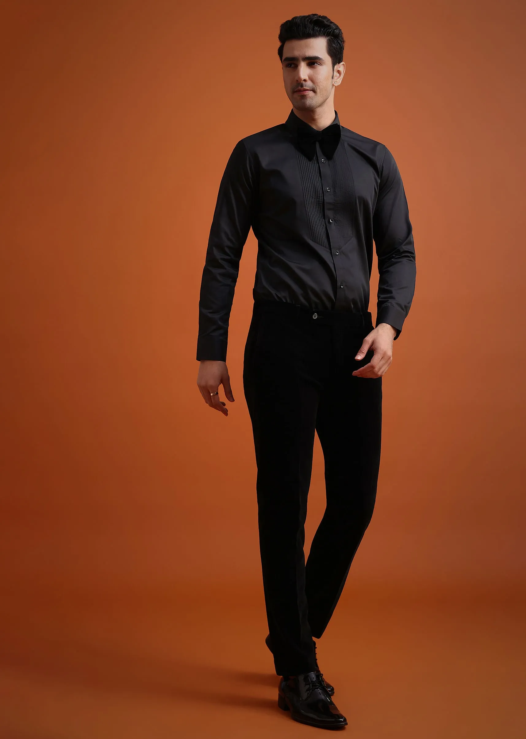 Black Velvet Tuxedo Set With Waistcoat And Bow