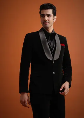 Black Velvet Tuxedo Set With Waistcoat And Bow