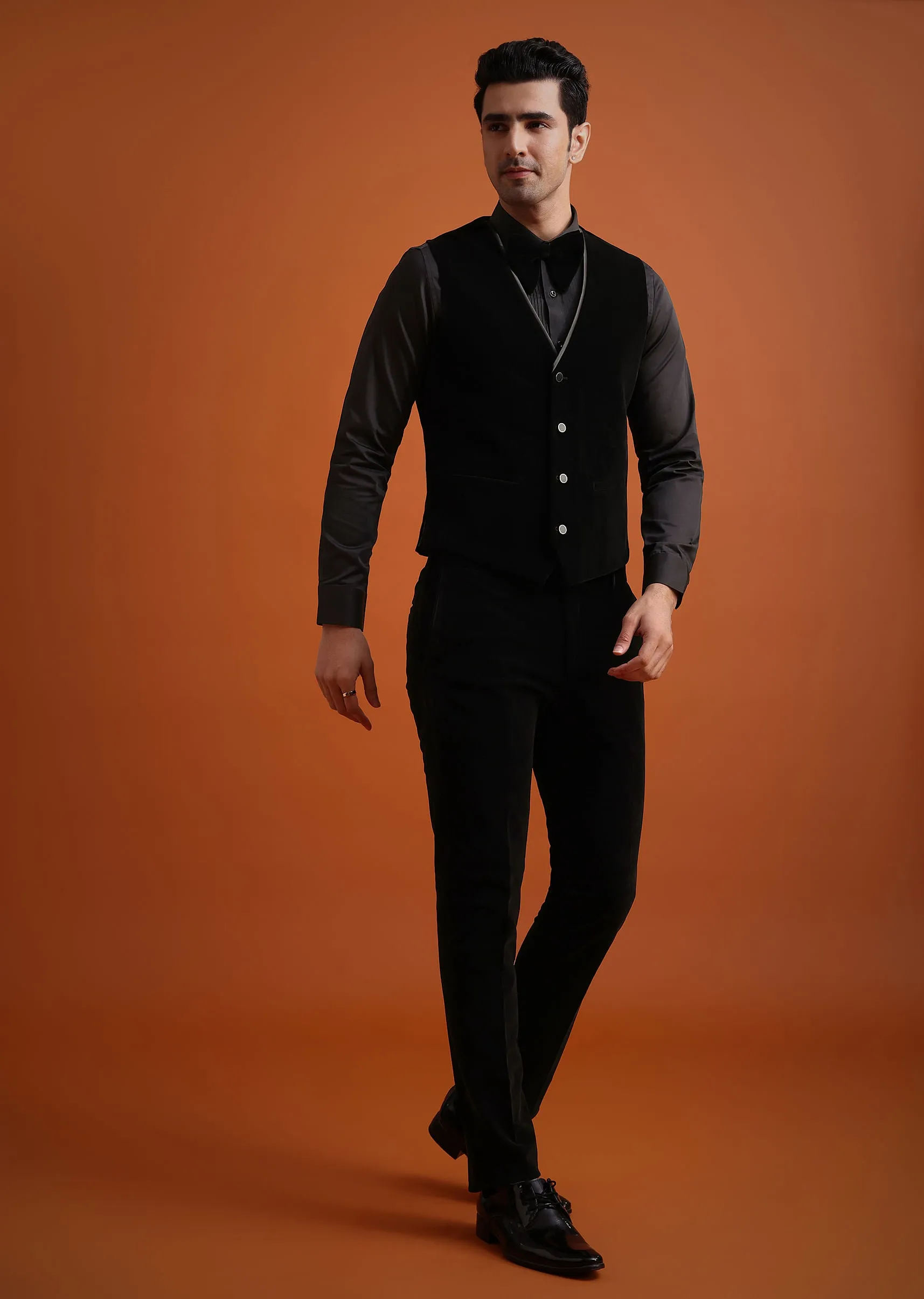 Black Velvet Tuxedo Set With Waistcoat And Bow