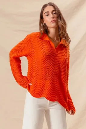 Bright Orange Wavy Textured Notched Collar Sweater Top