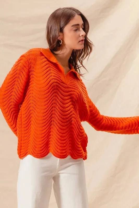 Bright Orange Wavy Textured Notched Collar Sweater Top