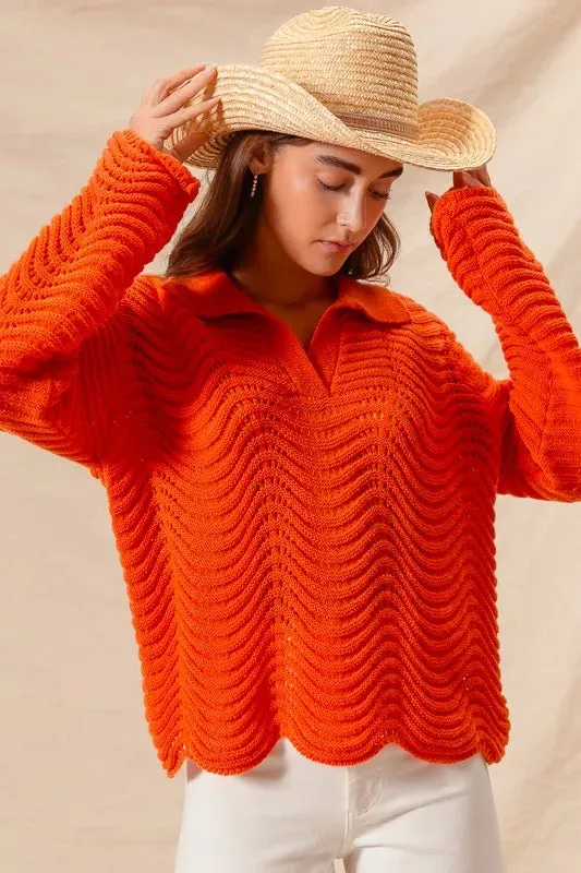 Bright Orange Wavy Textured Notched Collar Sweater Top