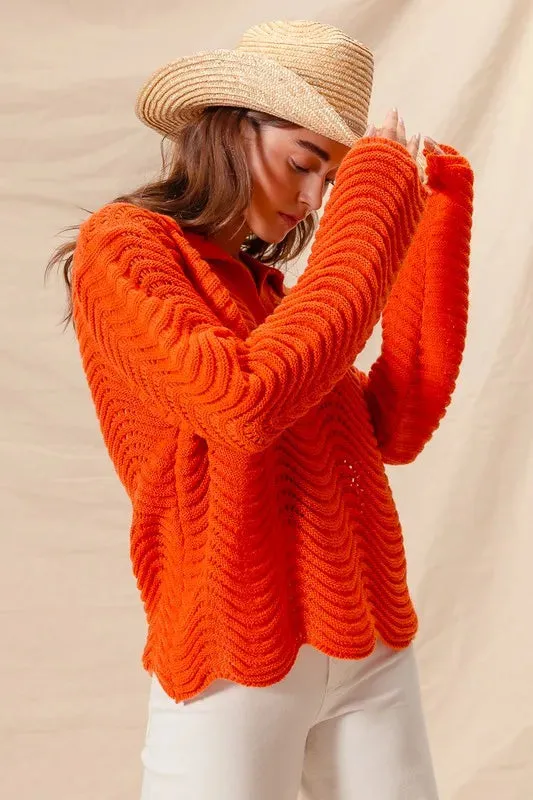 Bright Orange Wavy Textured Notched Collar Sweater Top