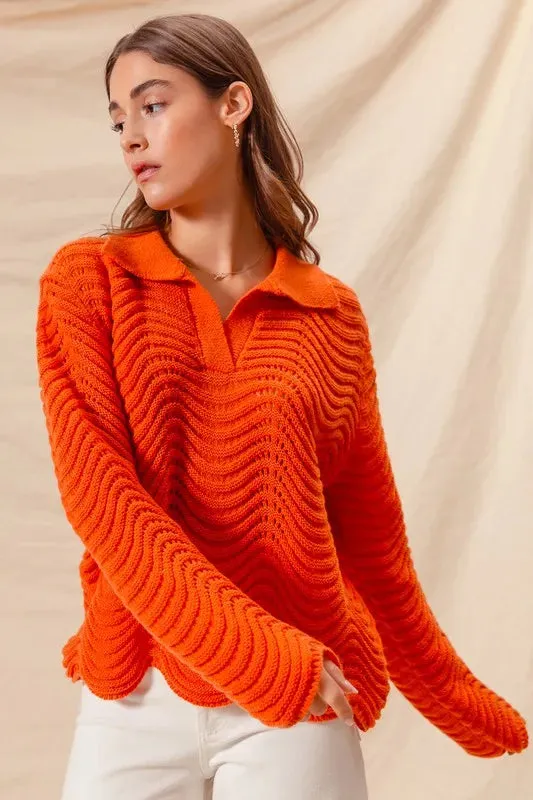 Bright Orange Wavy Textured Notched Collar Sweater Top