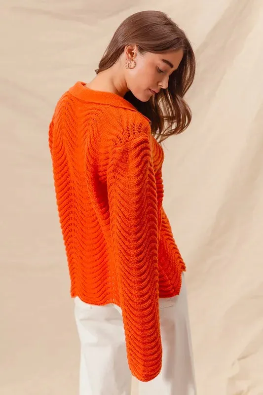 Bright Orange Wavy Textured Notched Collar Sweater Top