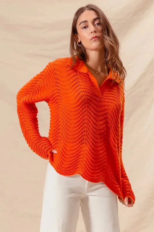 Bright Orange Wavy Textured Notched Collar Sweater Top