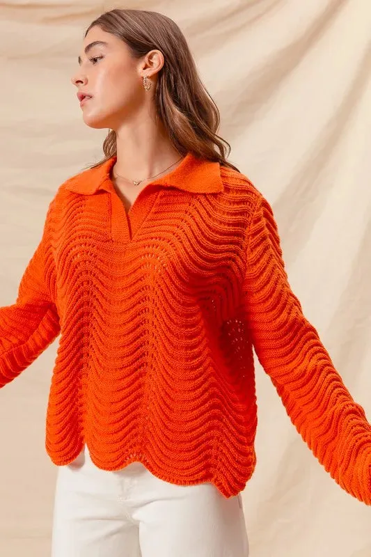 Bright Orange Wavy Textured Notched Collar Sweater Top