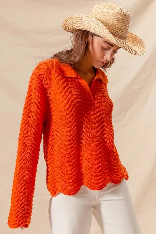 Bright Orange Wavy Textured Notched Collar Sweater Top