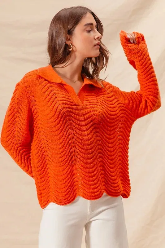 Bright Orange Wavy Textured Notched Collar Sweater Top