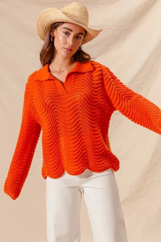 Bright Orange Wavy Textured Notched Collar Sweater Top