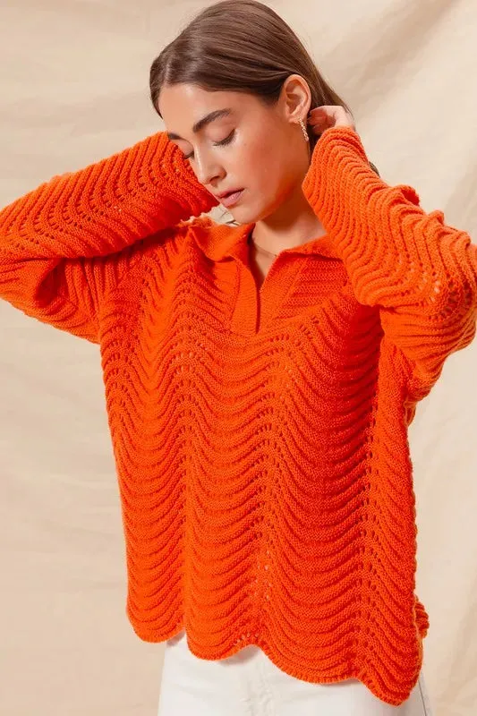 Bright Orange Wavy Textured Notched Collar Sweater Top