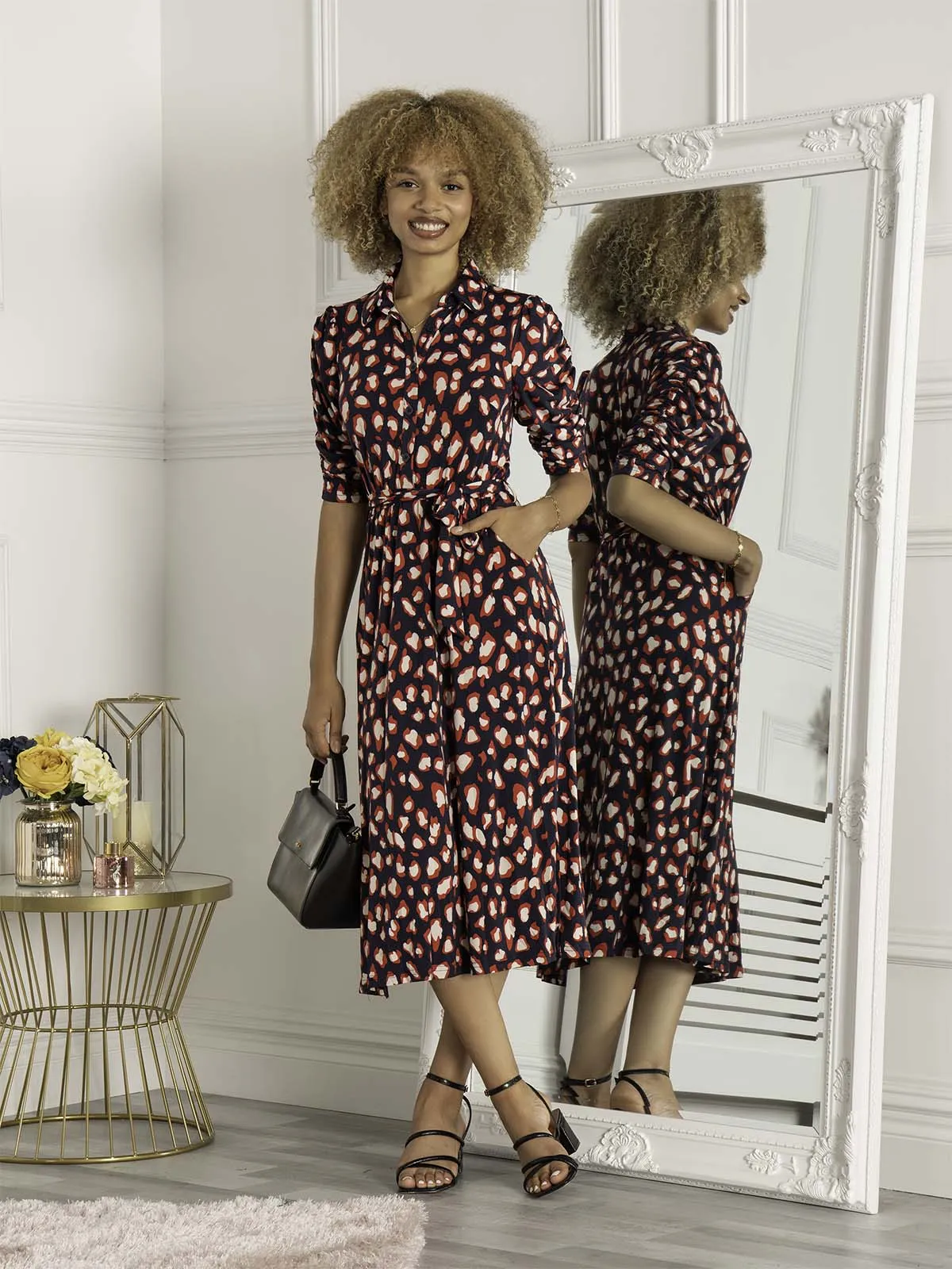 Calla Animal Print Shirt Dress, Navy Multi