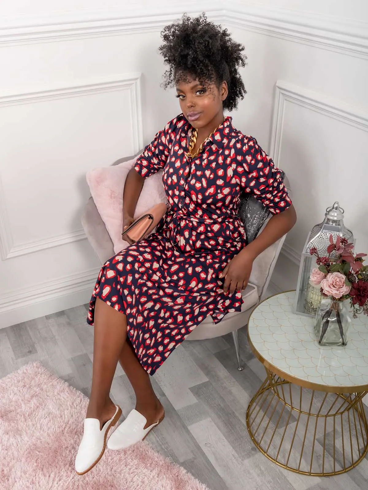 Calla Animal Print Shirt Dress, Navy Multi