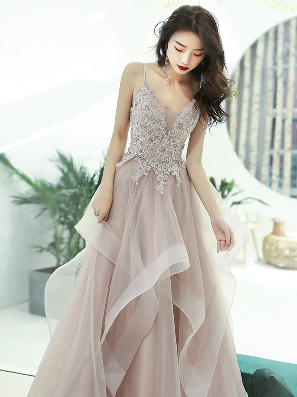 Champagne V Neck Lace Long Prom Dresses, Champagne Formal Graduation Dress