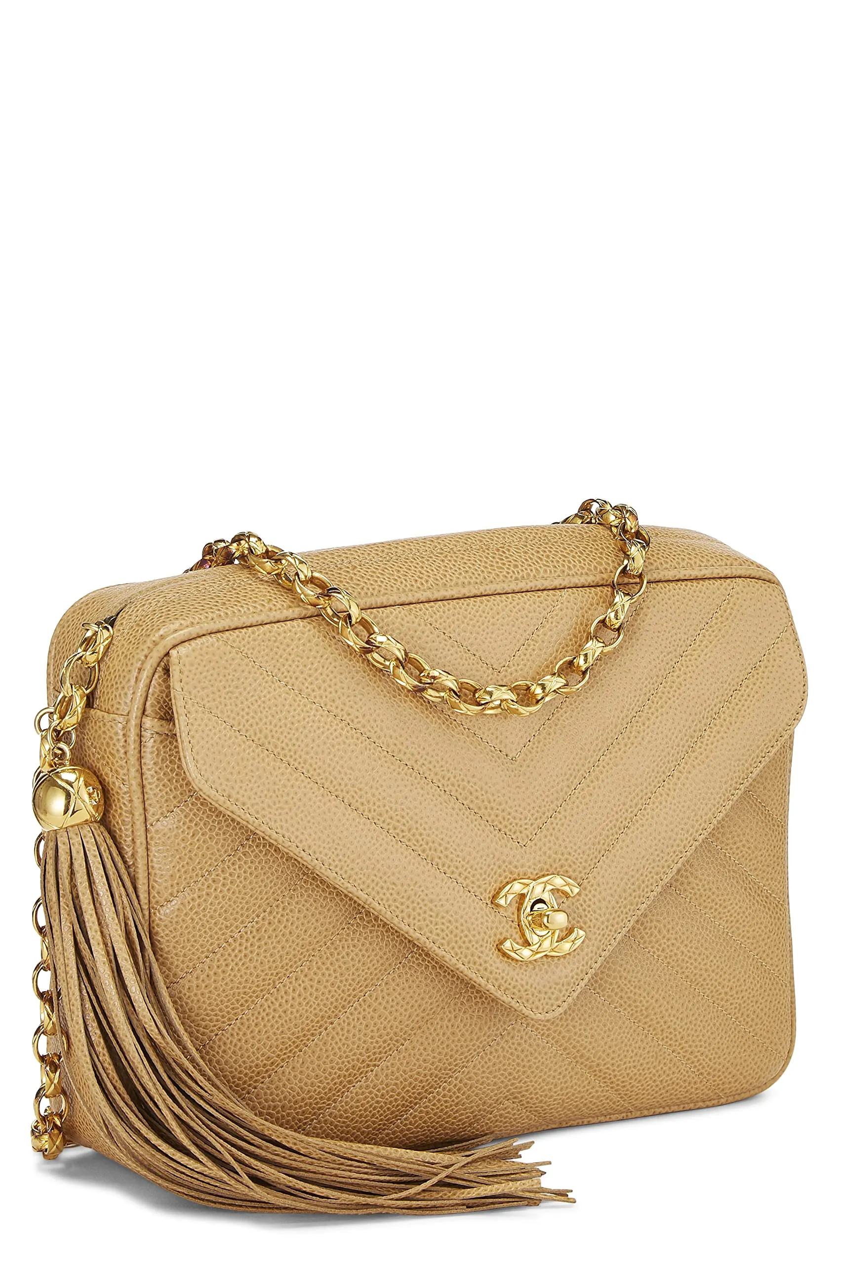 Chanel,  Beige Chevron Caviar Pocket Camera Bag Medium, Beige