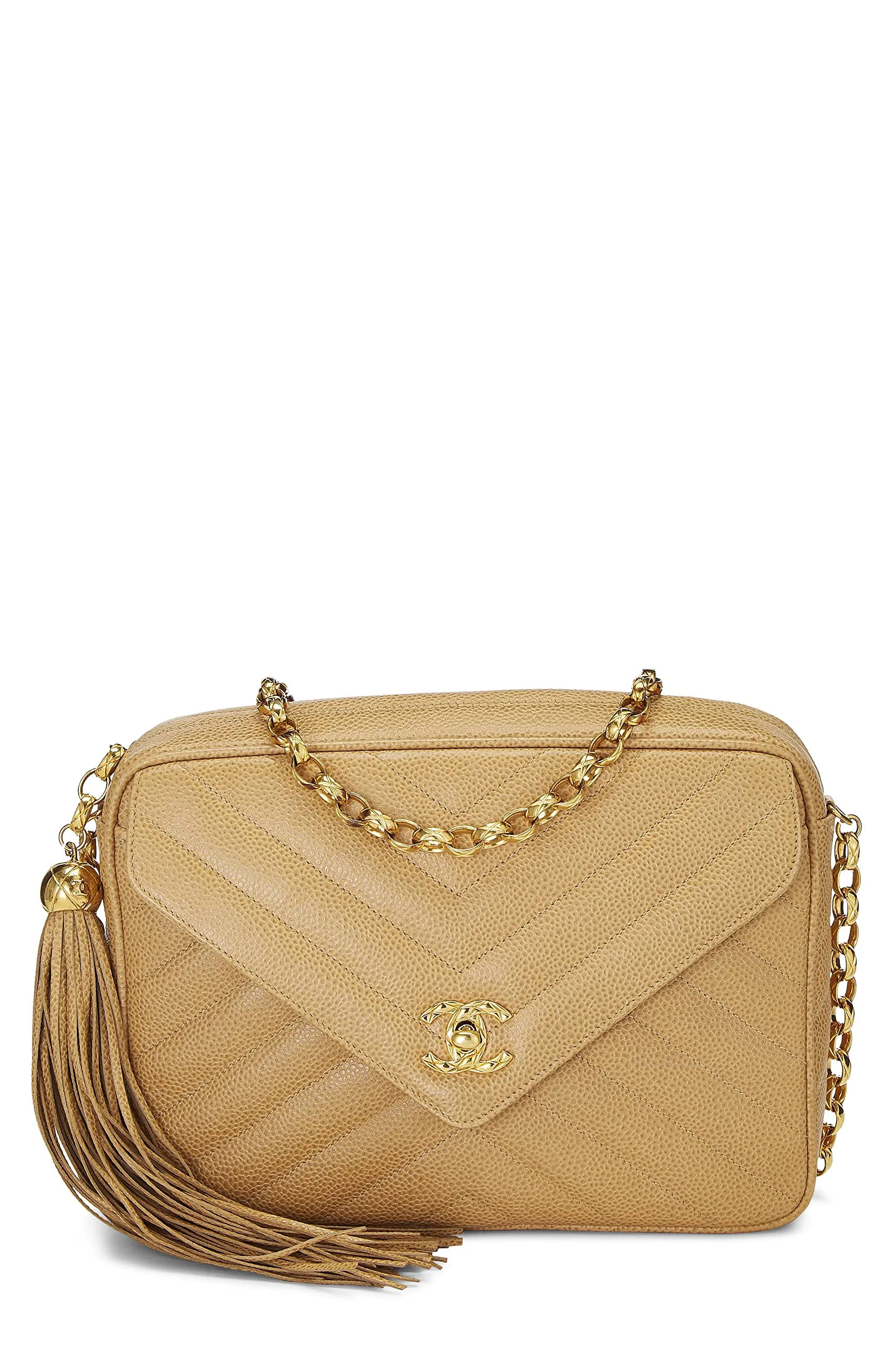 Chanel,  Beige Chevron Caviar Pocket Camera Bag Medium, Beige