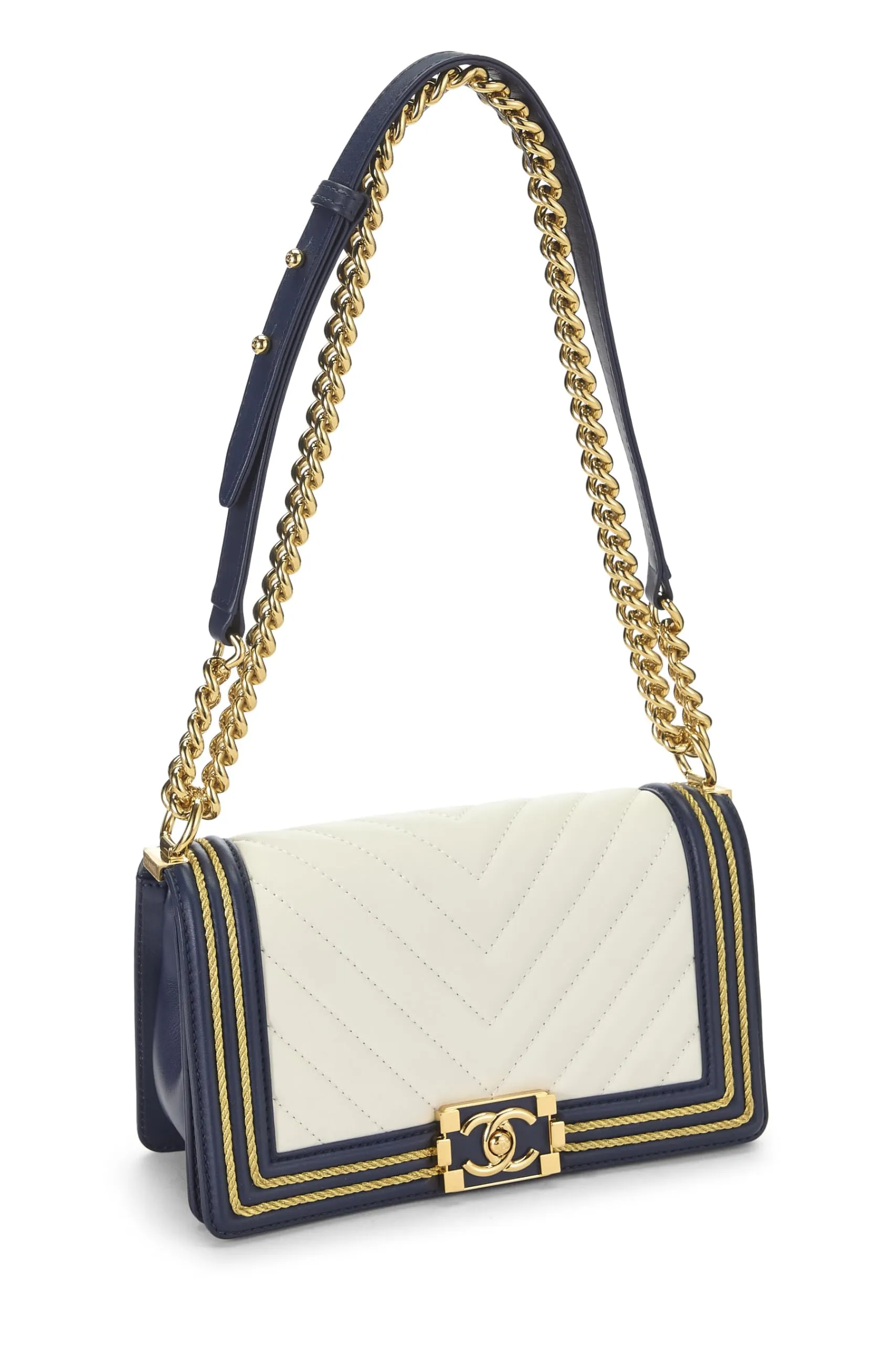 Chanel,  Navy Chevron Calfskin Border Boy Bag Medium, Navy