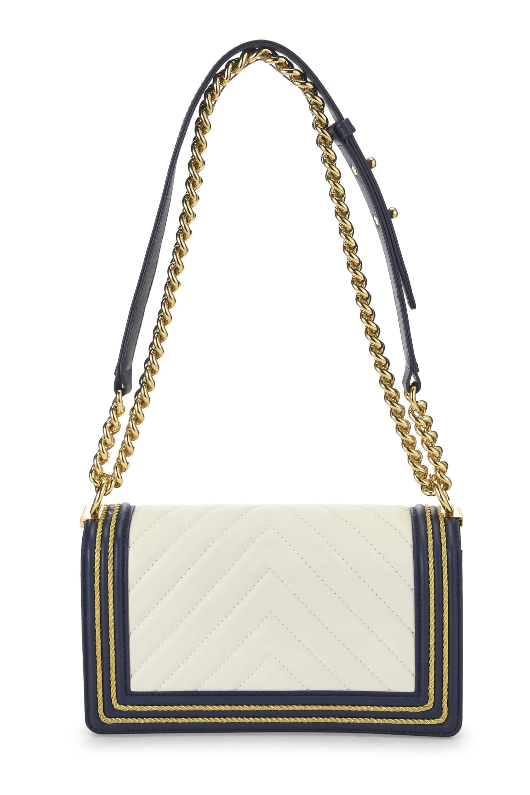 Chanel,  Navy Chevron Calfskin Border Boy Bag Medium, Navy