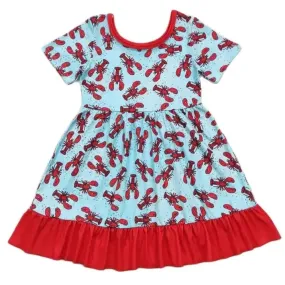 CRAWFISH Blue with Red Trim Short Sleeve Girls Ruffle Dress
