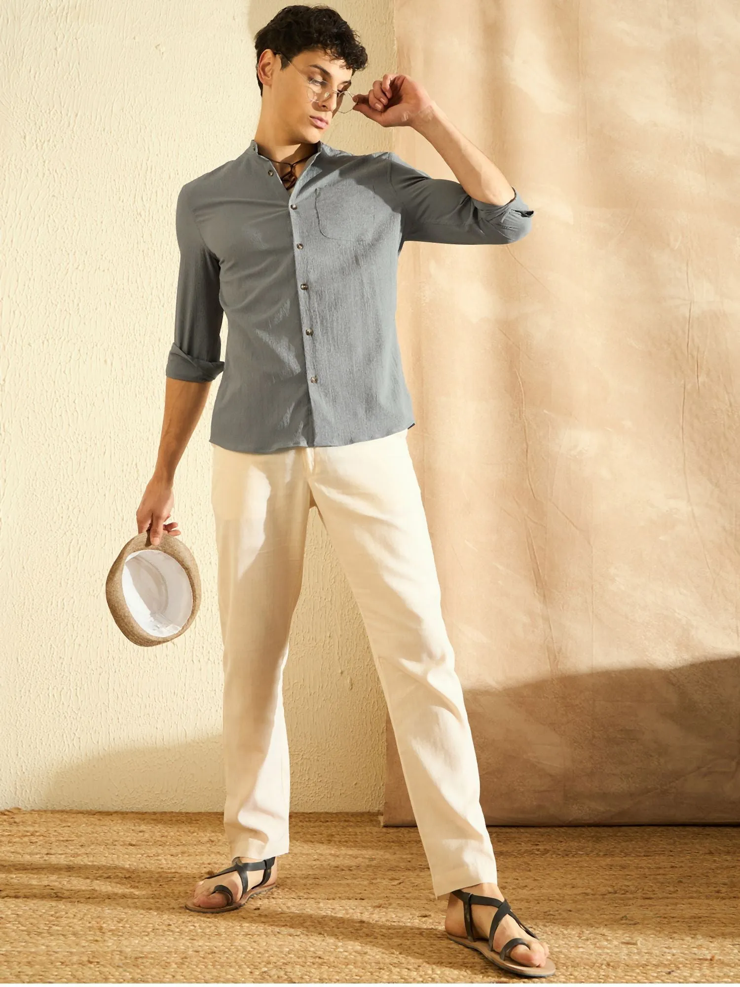 DENNISON Grey Mandarin Collar Casual Shirt