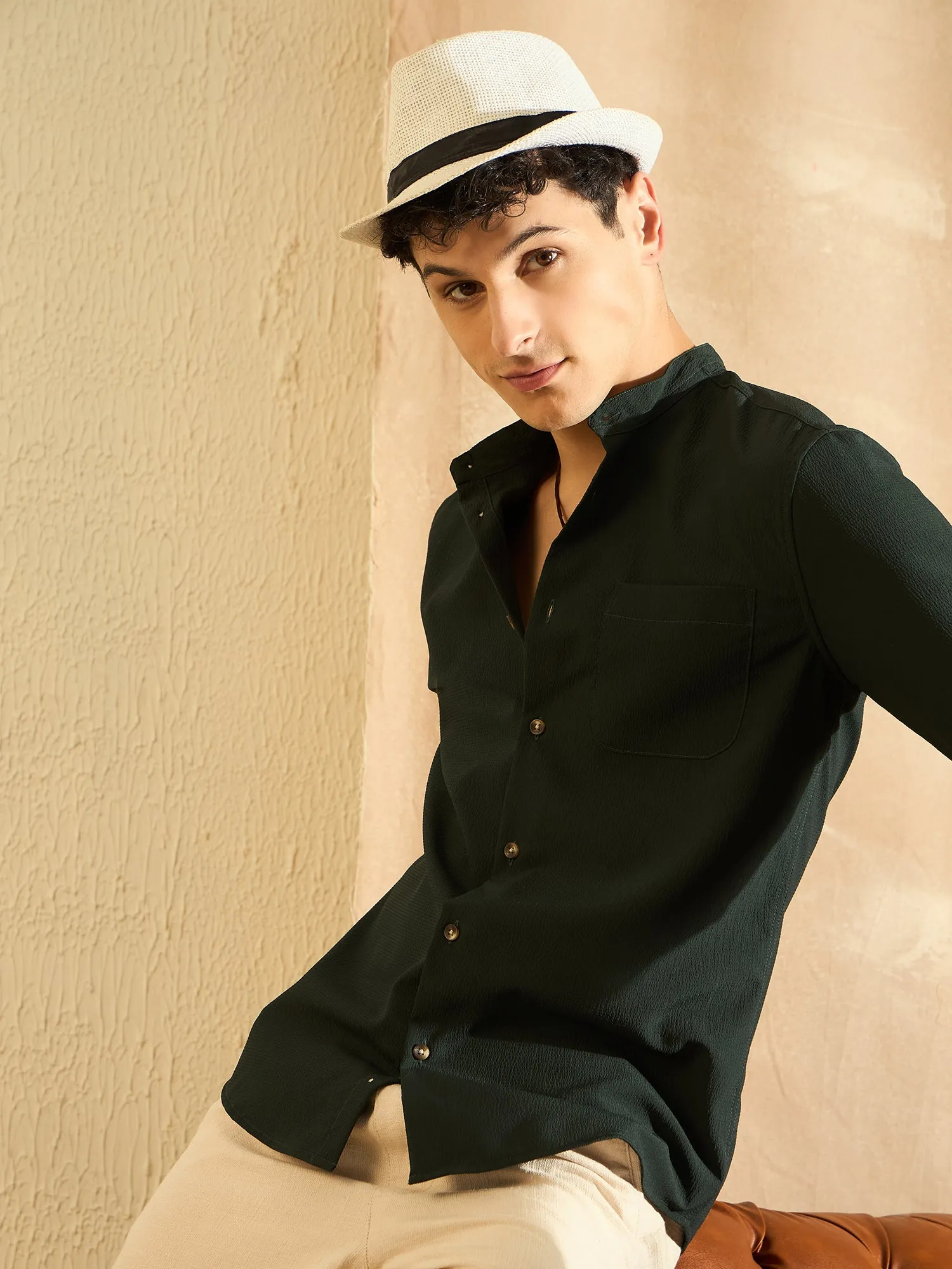 DENNISON Olive Green Mandarin Collar Casual Shirt