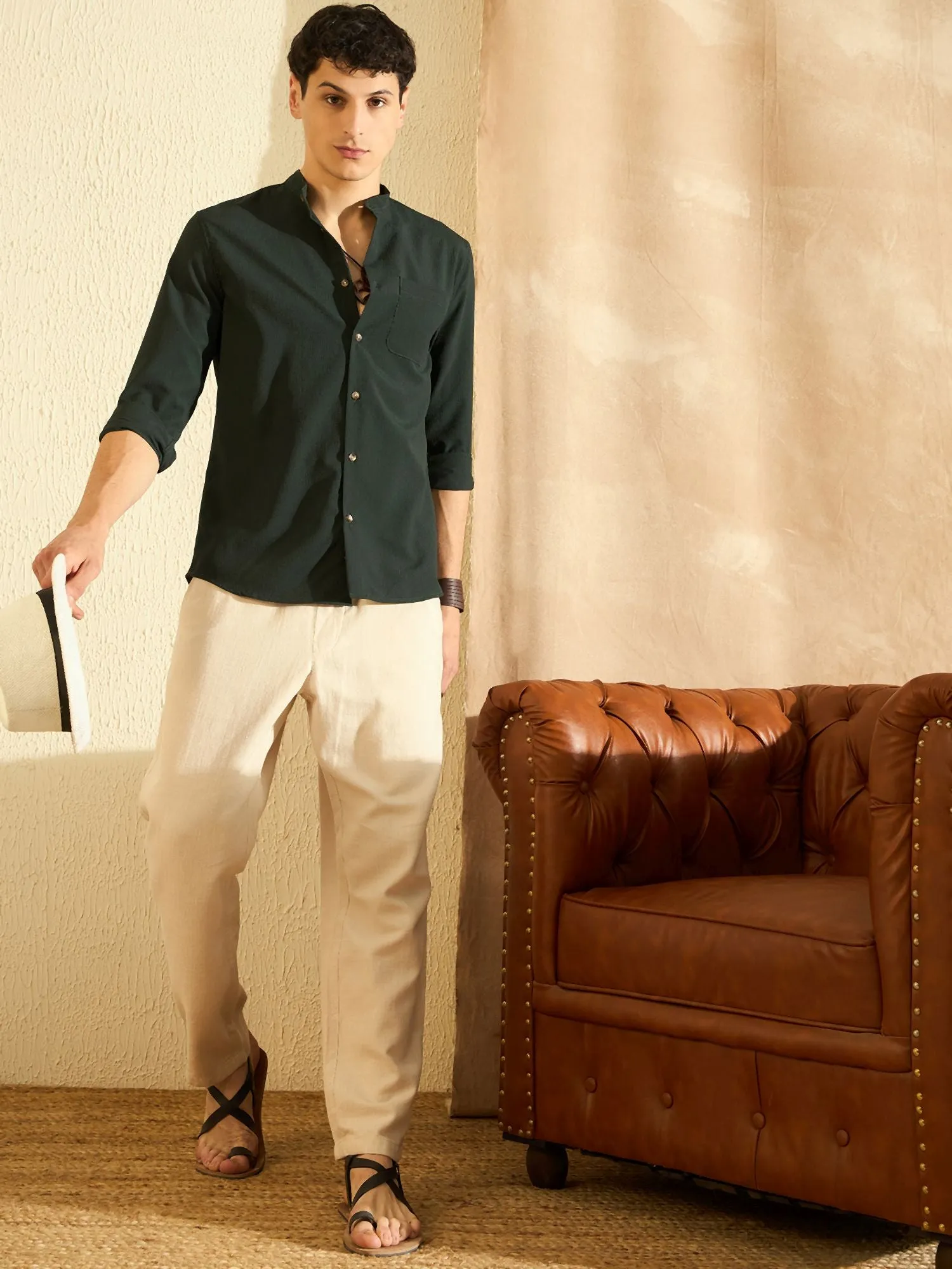DENNISON Olive Green Mandarin Collar Casual Shirt