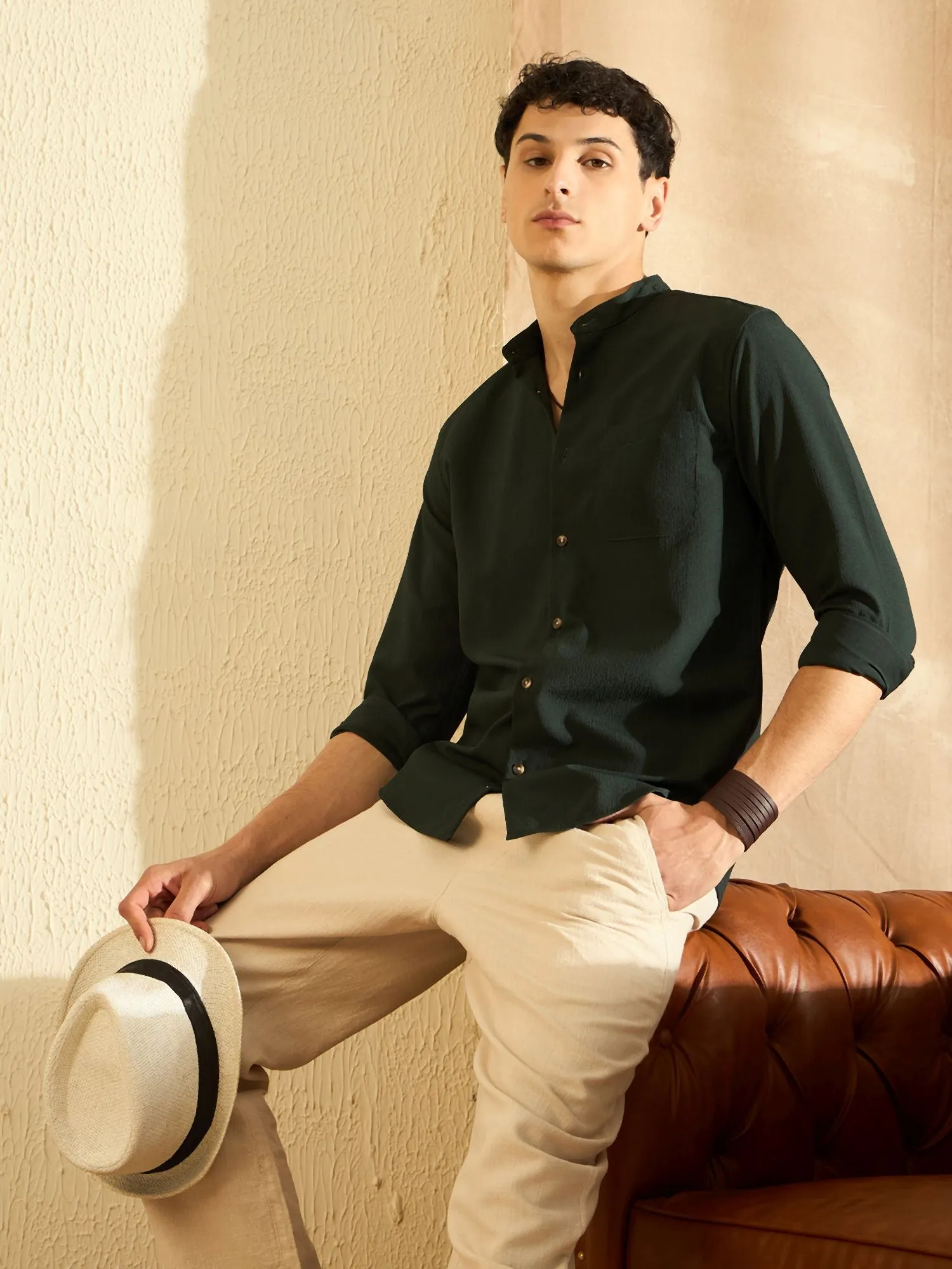 DENNISON Olive Green Mandarin Collar Casual Shirt