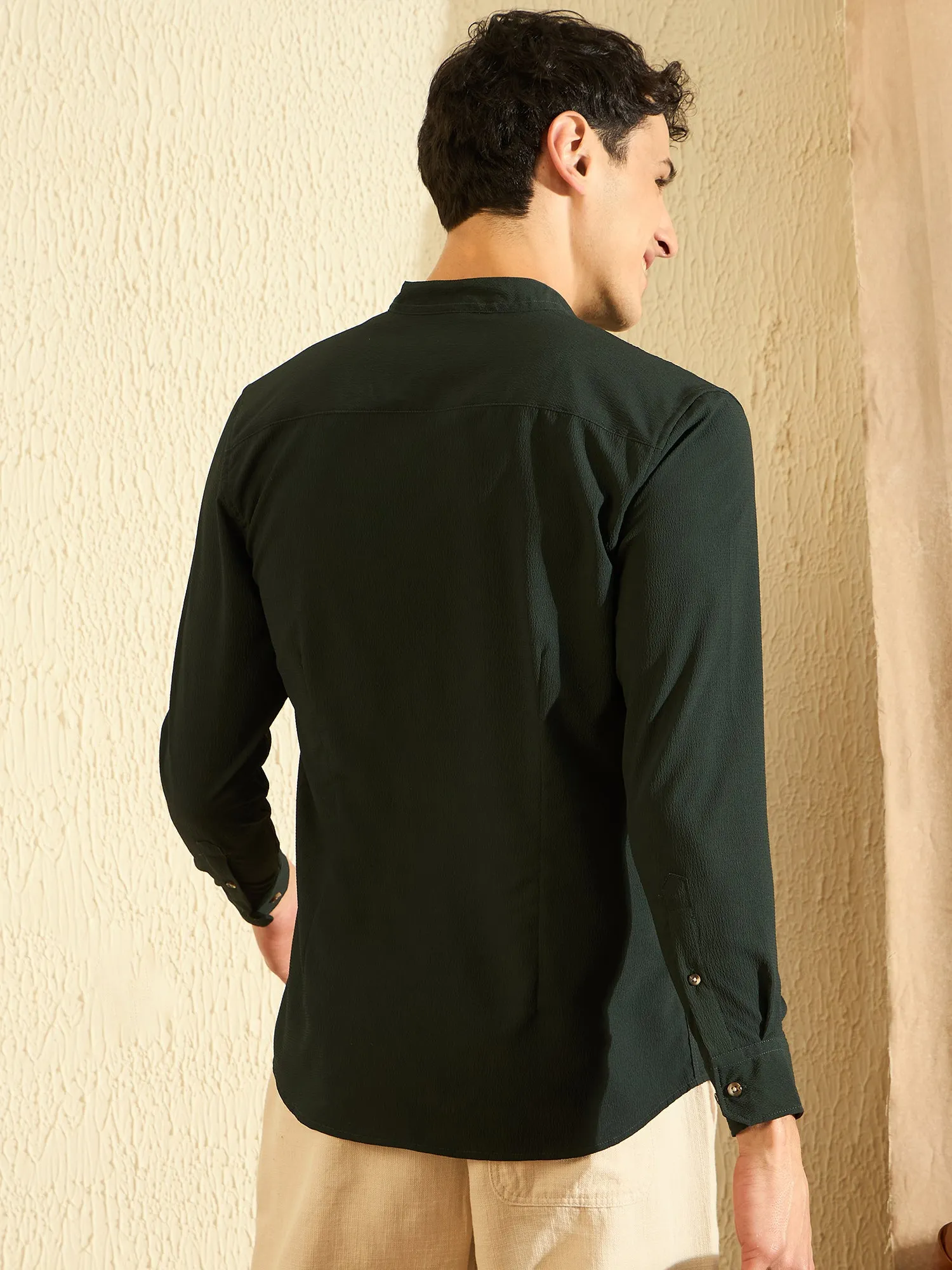 DENNISON Olive Green Mandarin Collar Casual Shirt