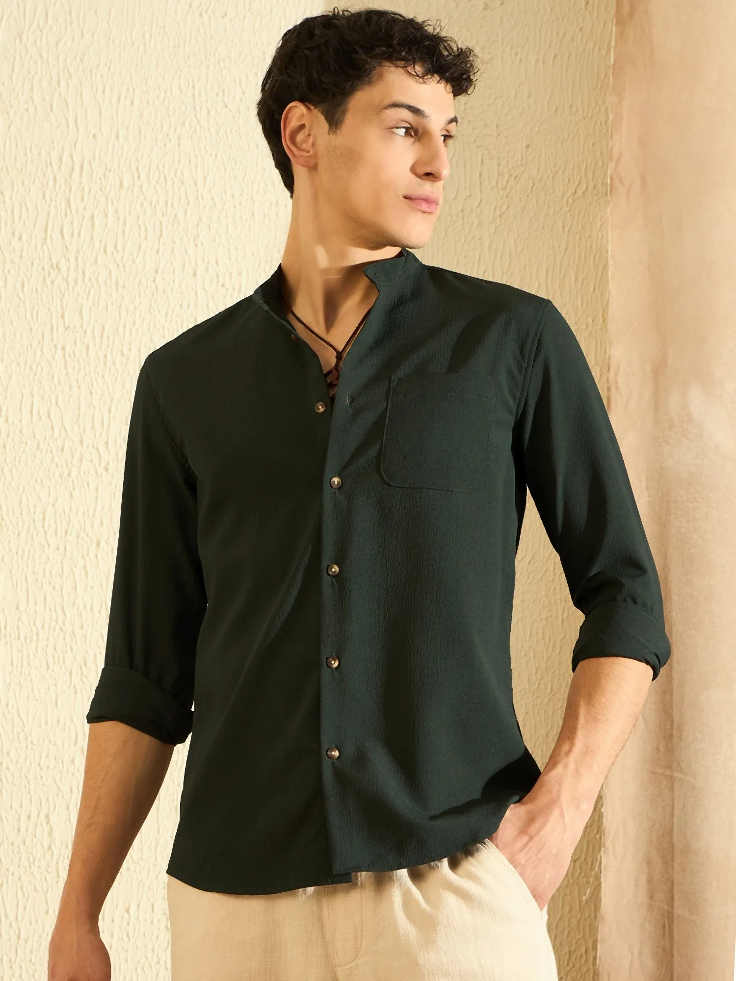 DENNISON Olive Green Mandarin Collar Casual Shirt
