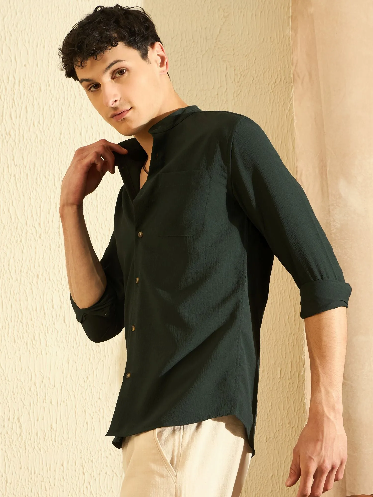 DENNISON Olive Green Mandarin Collar Casual Shirt