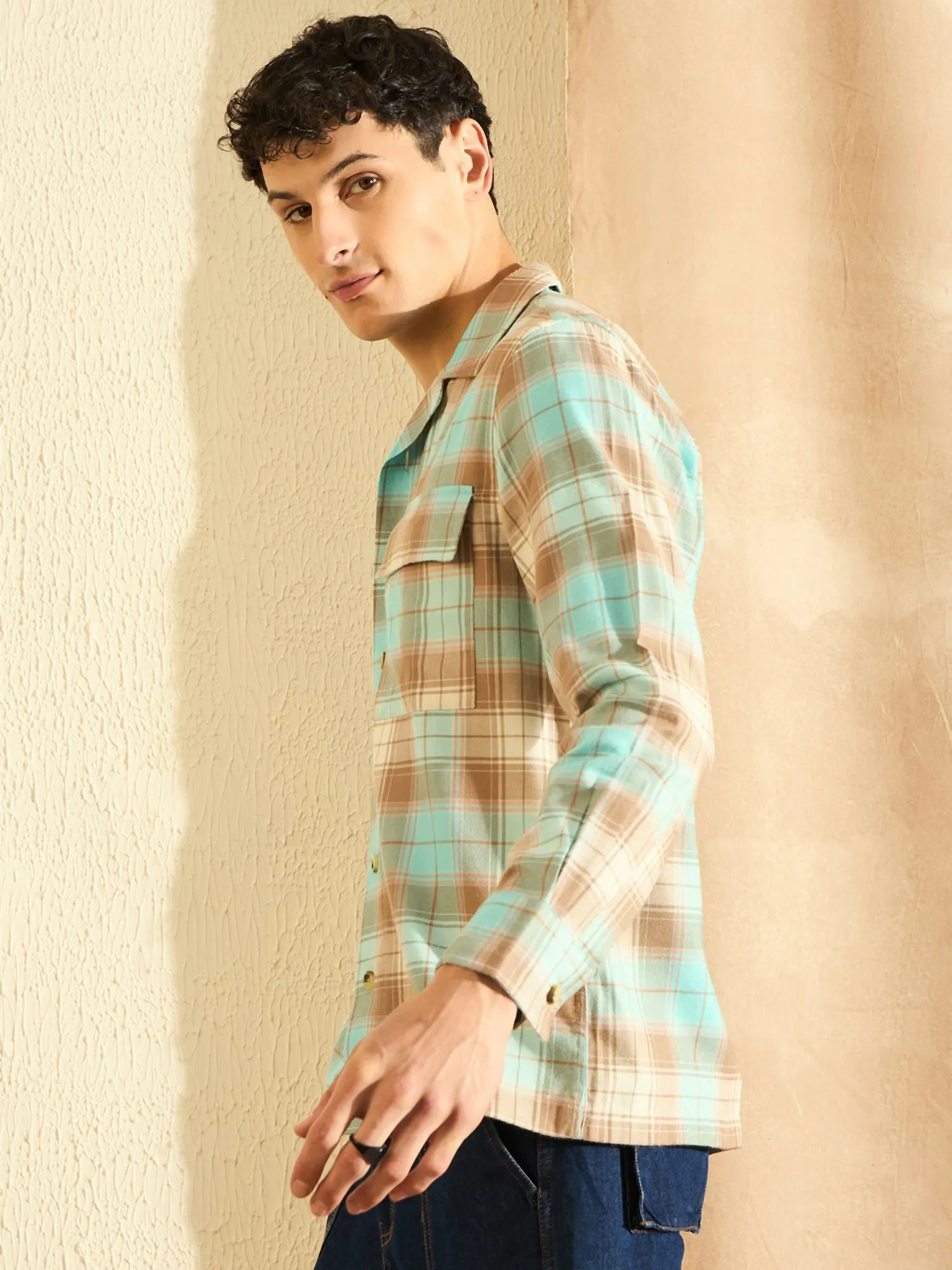 DENNISON Oversized Blue & Beige checked double pocket checked Shirt