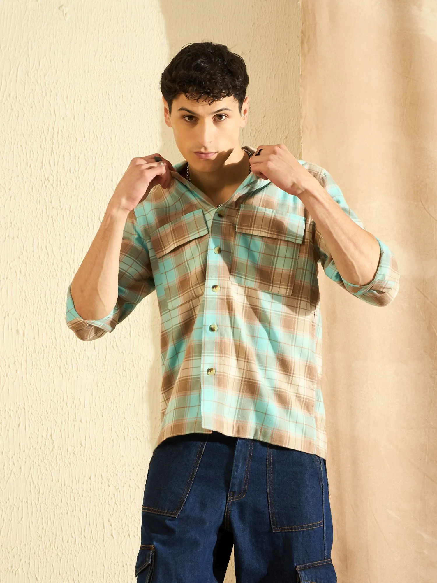 DENNISON Oversized Blue & Beige checked double pocket checked Shirt