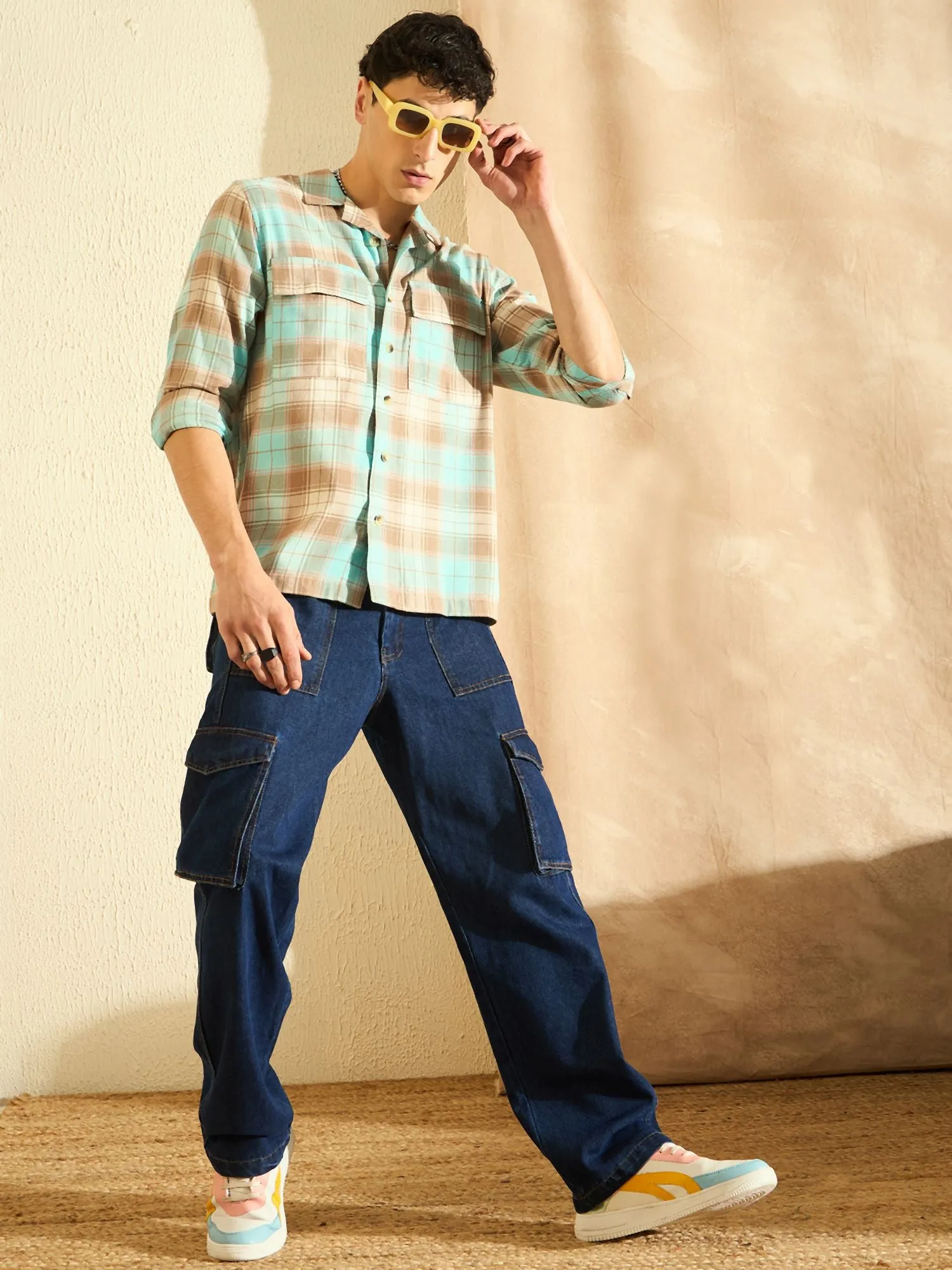 DENNISON Oversized Blue & Beige checked double pocket checked Shirt