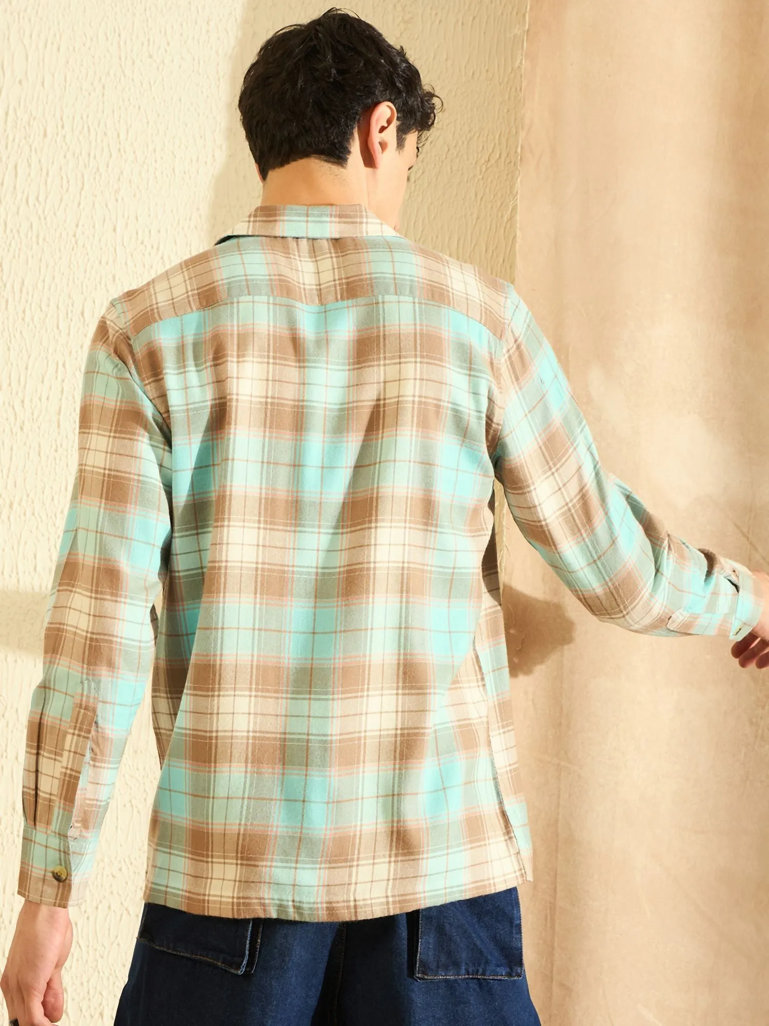 DENNISON Oversized Blue & Beige checked double pocket checked Shirt