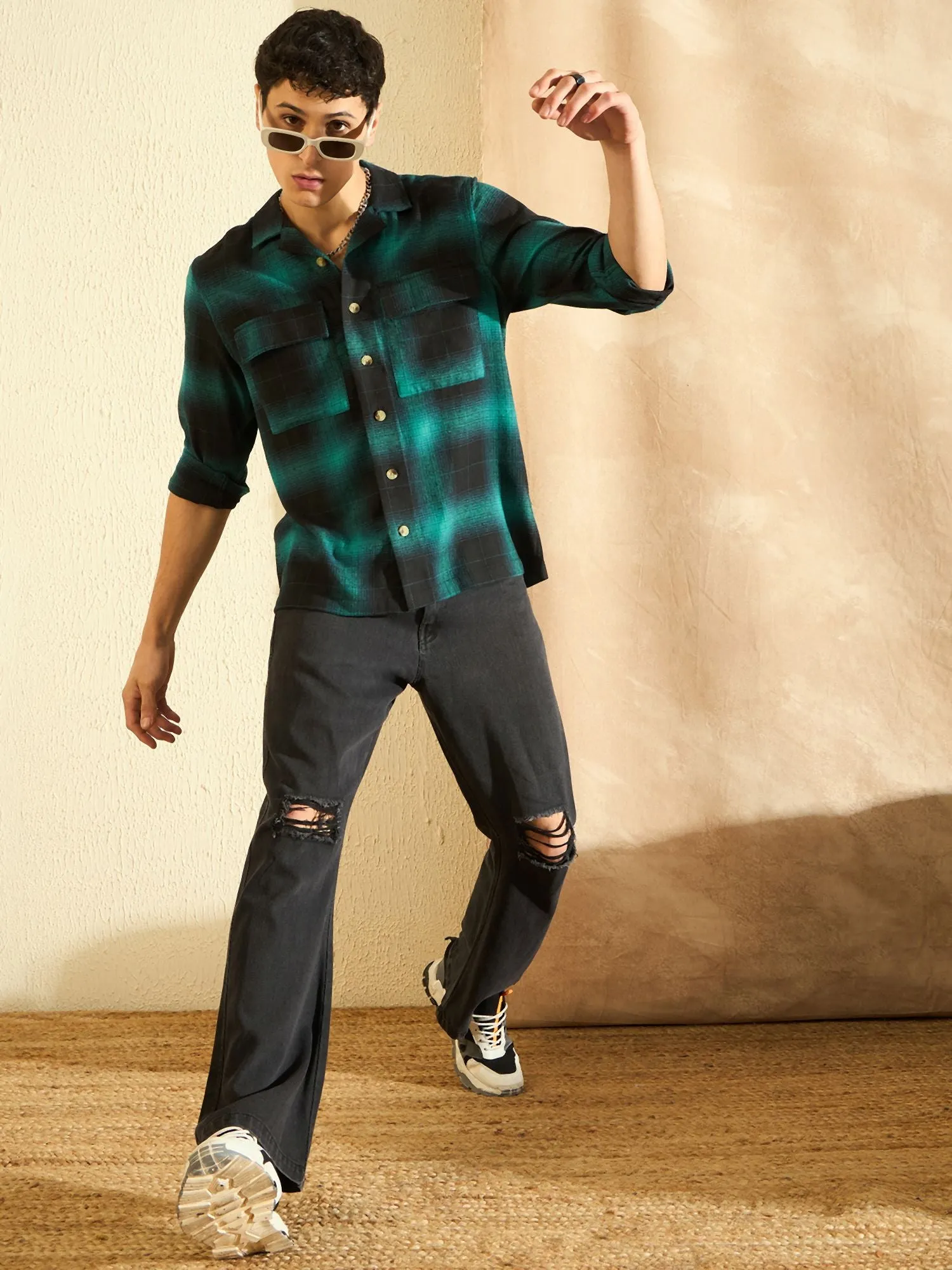 DENNISON Oversized Turquoise blue & black double pocket checked Shirt