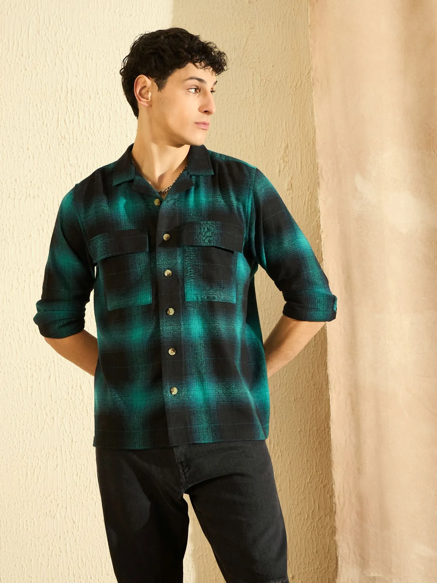 DENNISON Oversized Turquoise blue & black double pocket checked Shirt