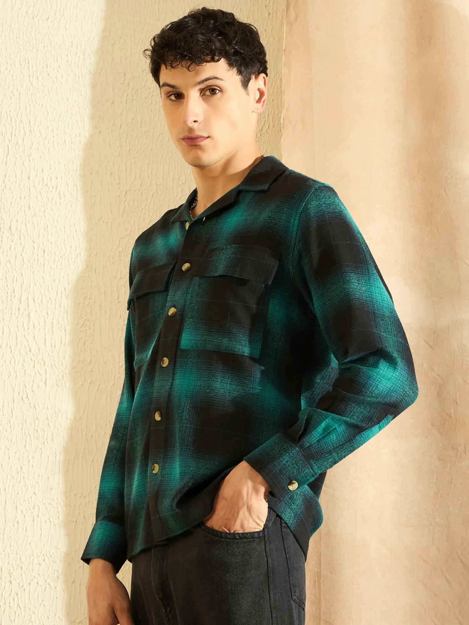 DENNISON Oversized Turquoise blue & black double pocket checked Shirt
