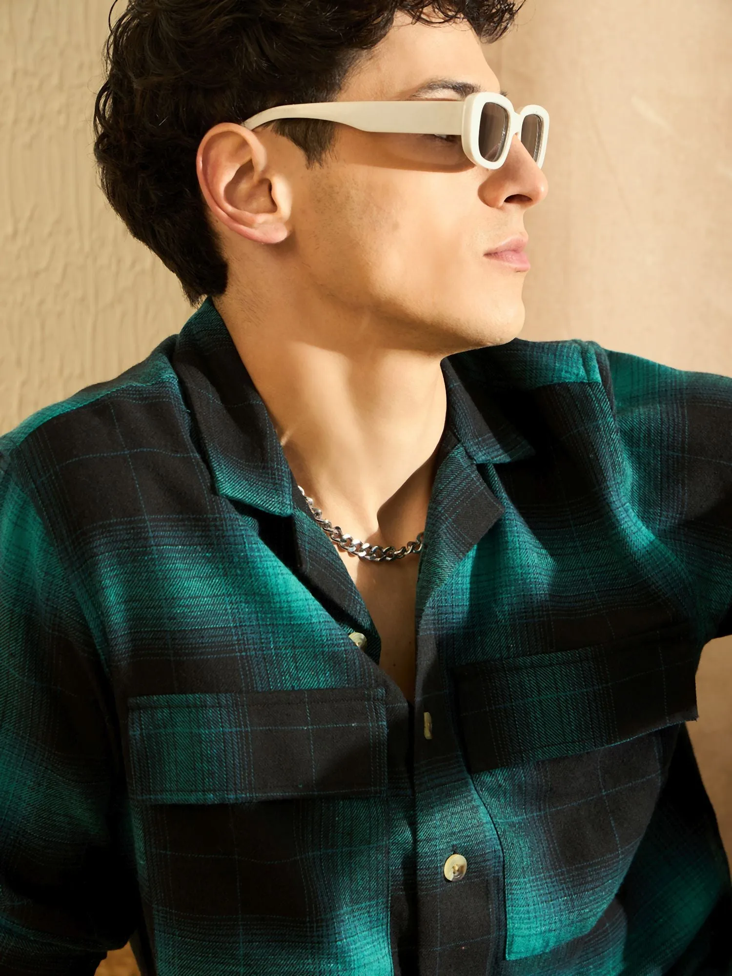DENNISON Oversized Turquoise blue & black double pocket checked Shirt