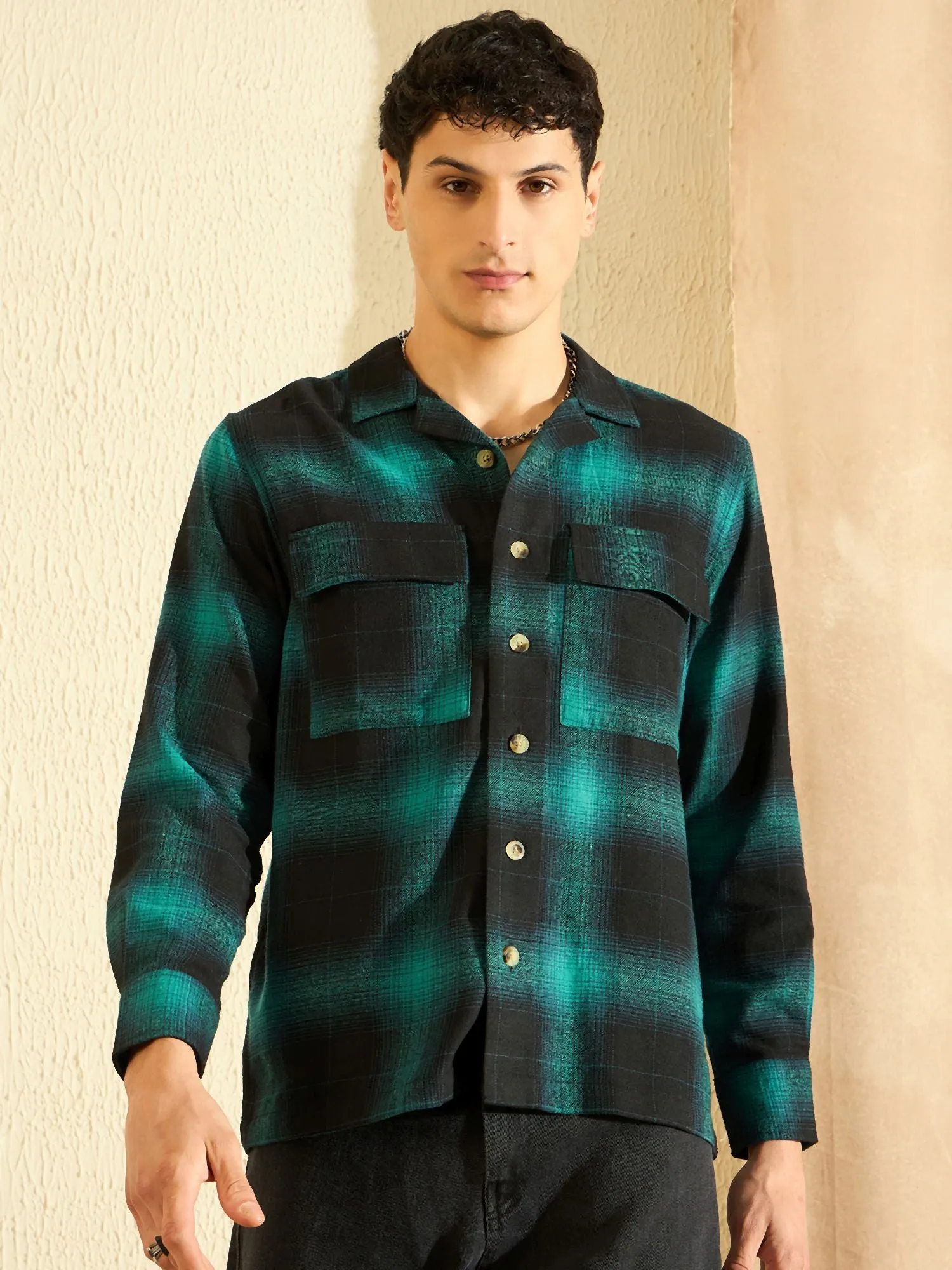 DENNISON Oversized Turquoise blue & black double pocket checked Shirt