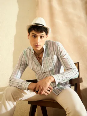 DENNISON Striped Band Collar Casual Shirt
