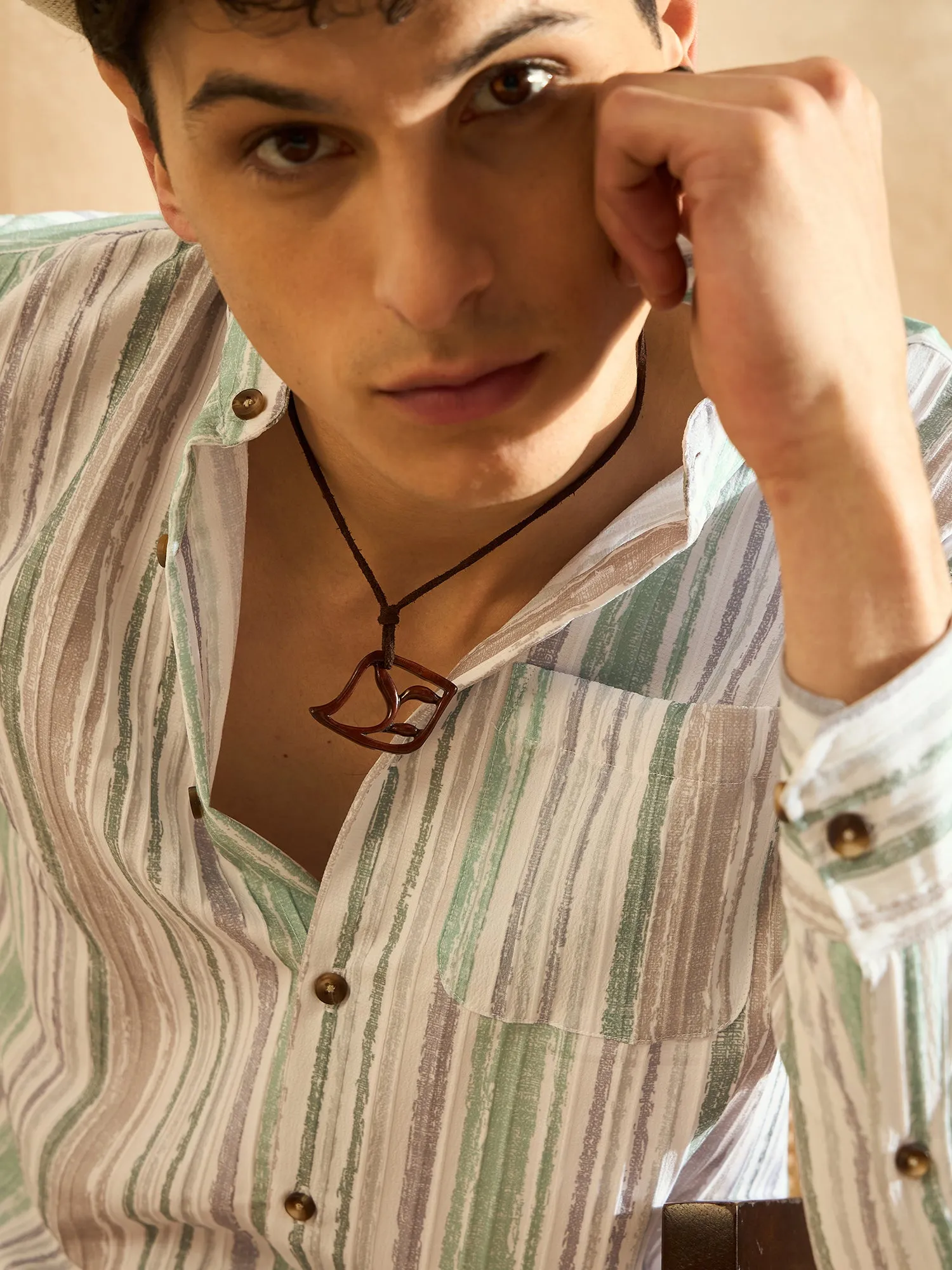 DENNISON Striped Band Collar Casual Shirt
