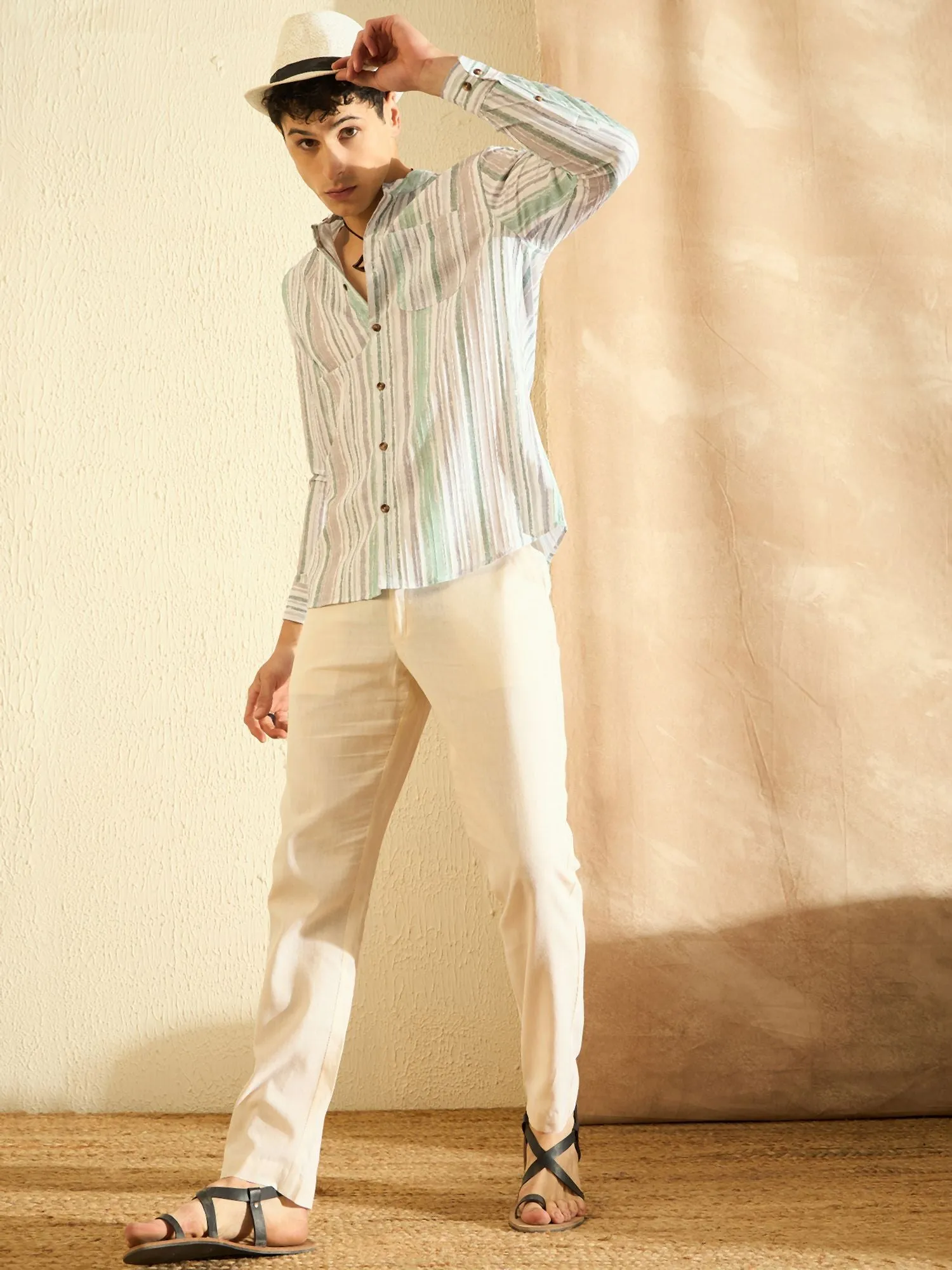 DENNISON Striped Band Collar Casual Shirt