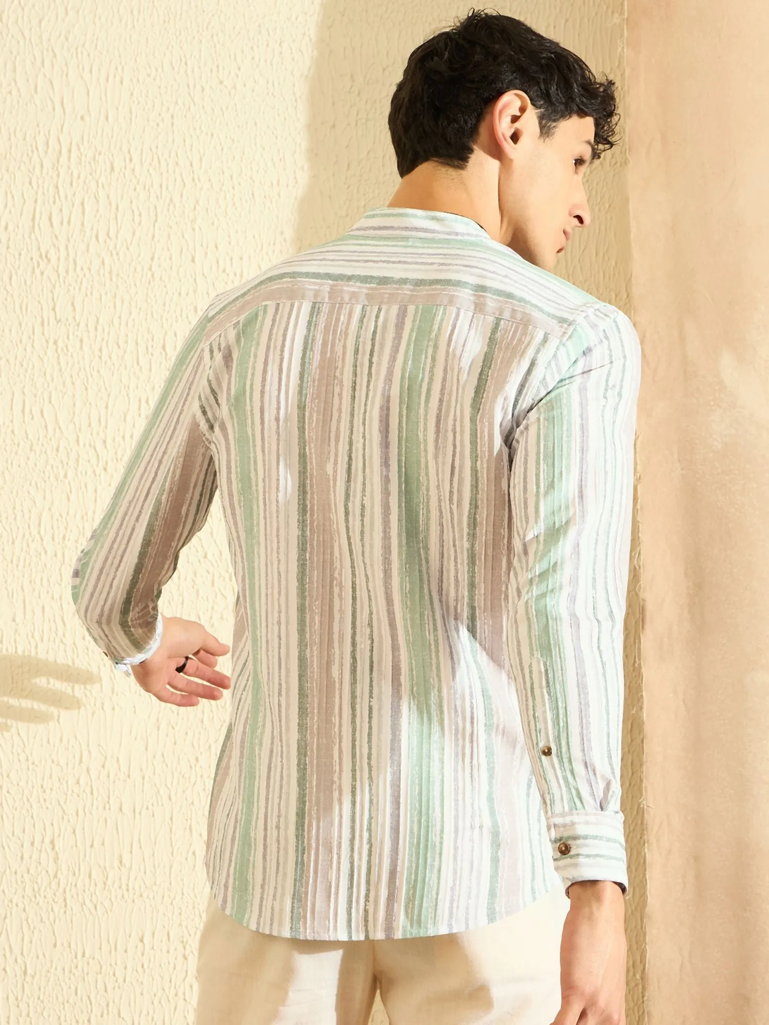 DENNISON Striped Band Collar Casual Shirt