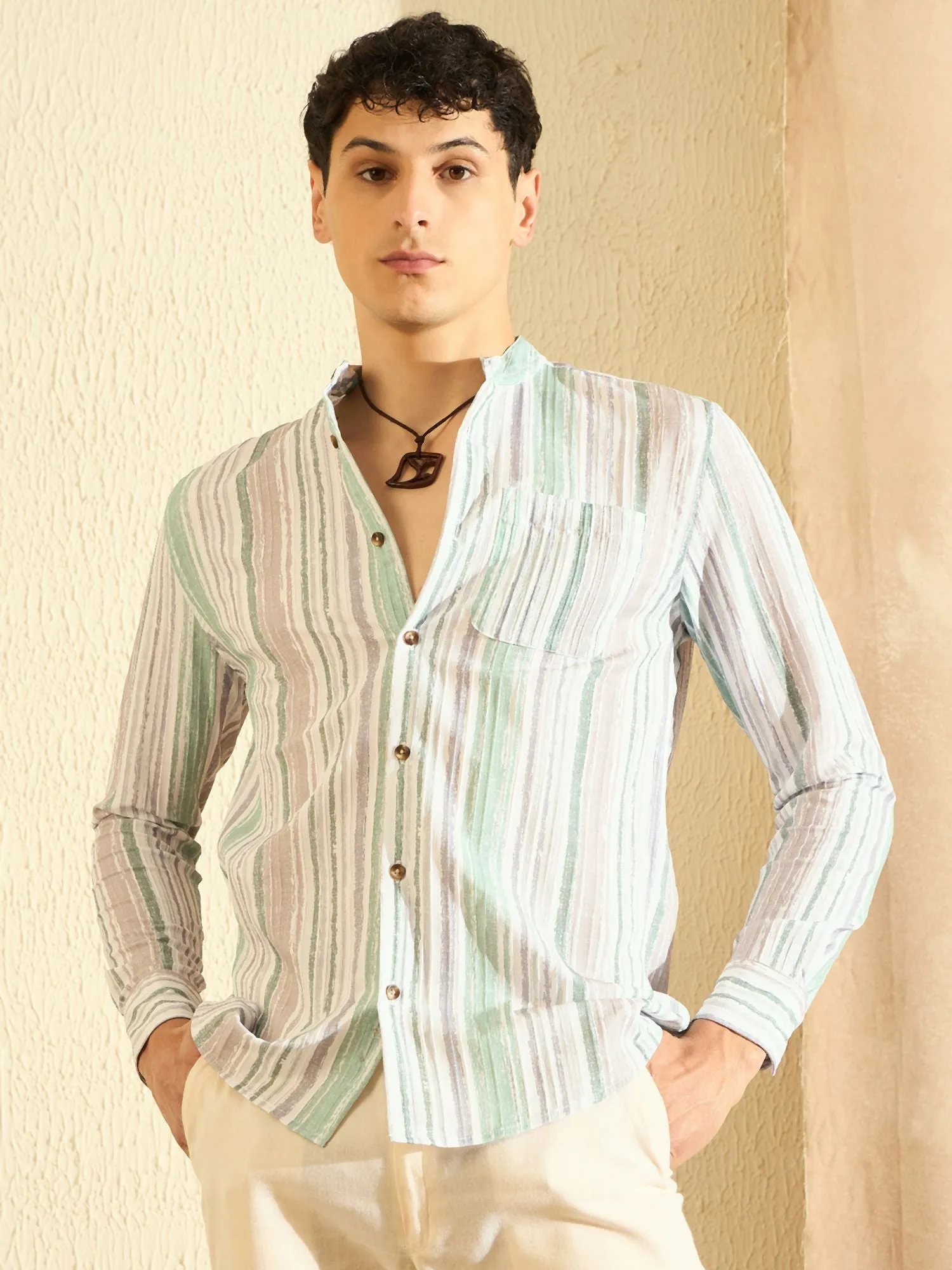 DENNISON Striped Band Collar Casual Shirt