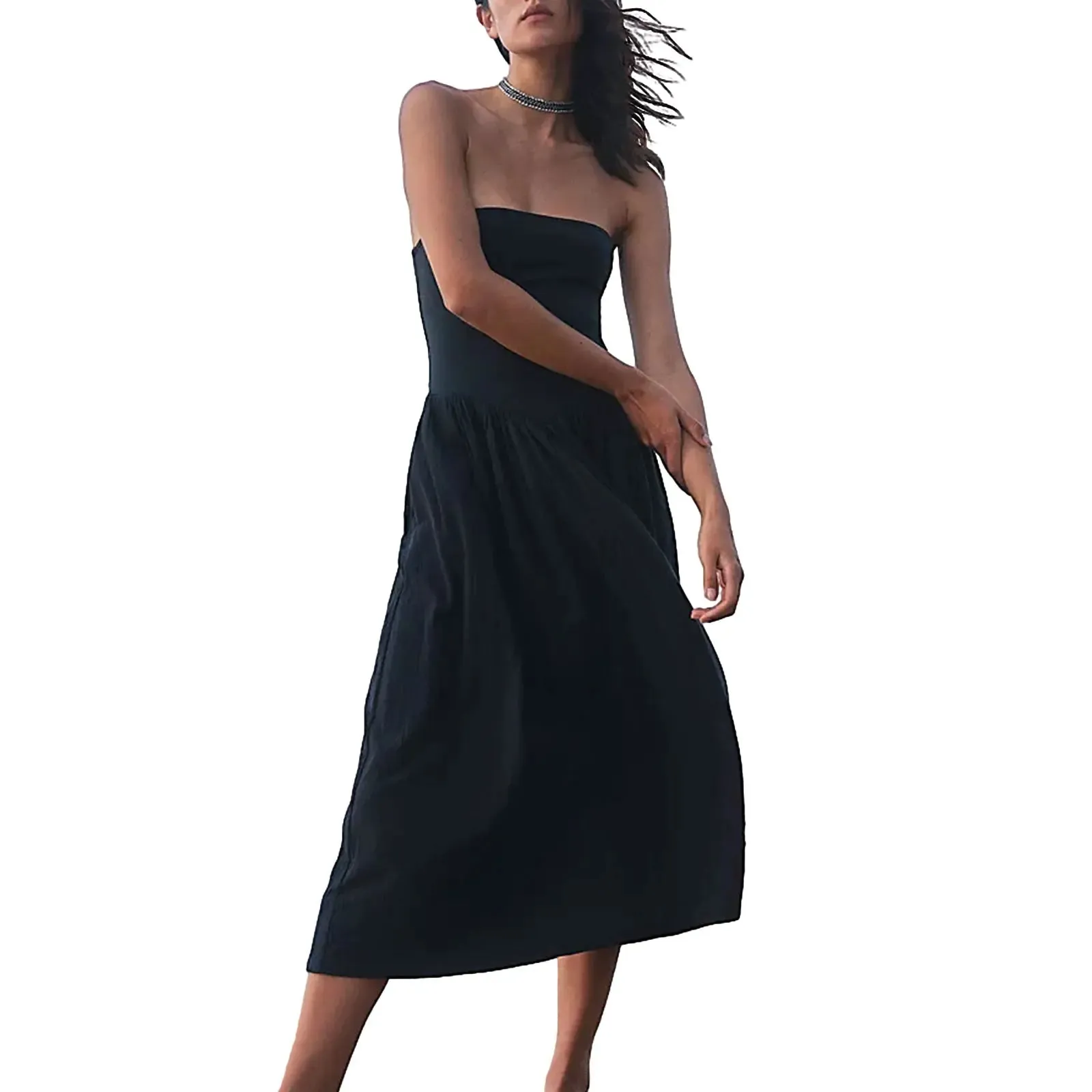 Elegant A Line Summer Strapless Patchwork Backless Tube Party Beach Vacation Midi Casual Women's Dress